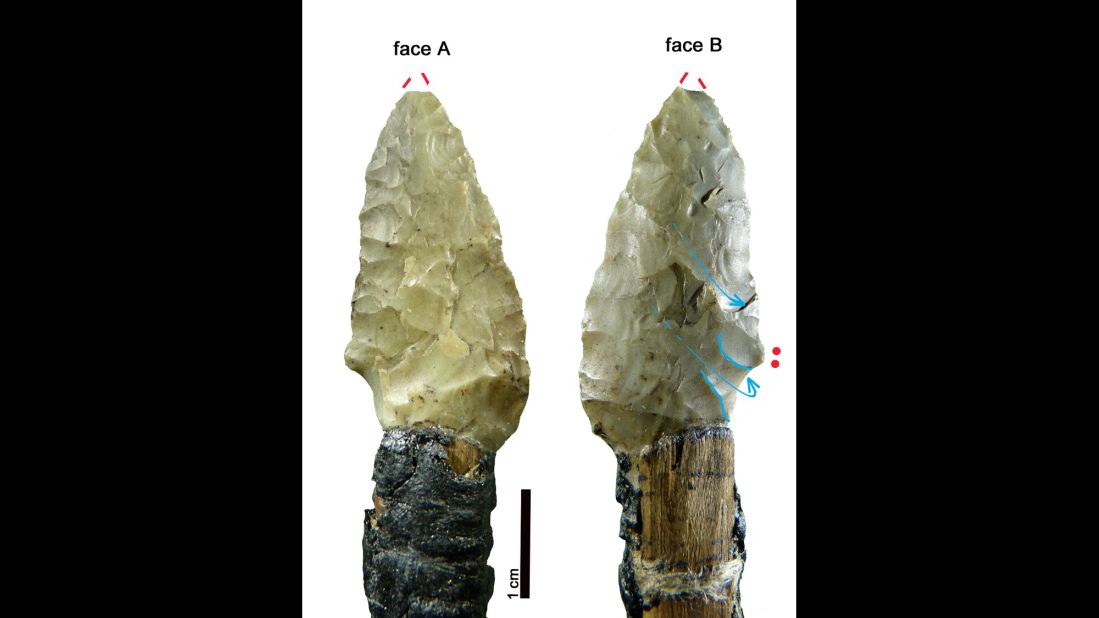 A new study of his weapons showed that he was able to retouch and resharpen some of them before he died. But it wasn't enough to save him. The Iceman was shot in the shoulder with an arrow. The arrowhead is still lodged in his back and pierced a vital artery that resulted in his death shortly afterward.