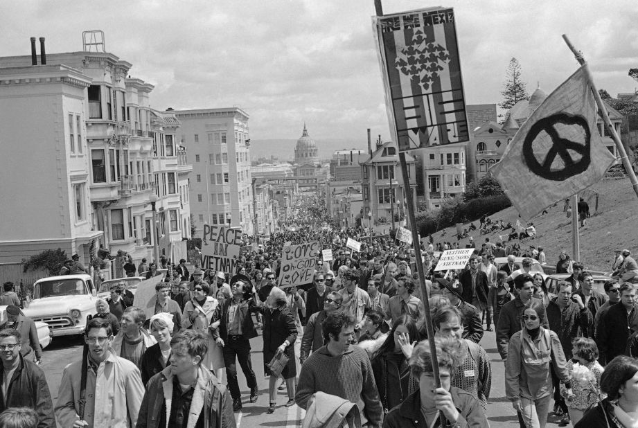 Peace demonstrators fill Fulton Street in San Francisco on April 15, 1967 during a five-mile march through the city. 