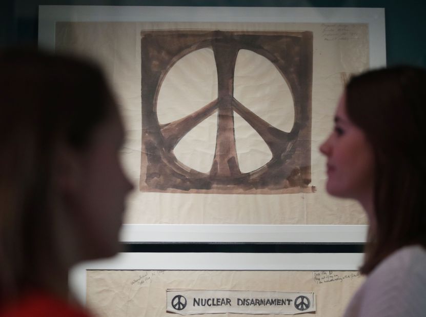 Gerald Holtom's early sketch for the nuclear disarmament symbol from 1958, on display at the Imperial War Museum in London. 