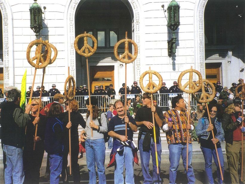"Peace baguettes" in Berkeley, California at a 2003 protest against the US invasion of Iraq.
