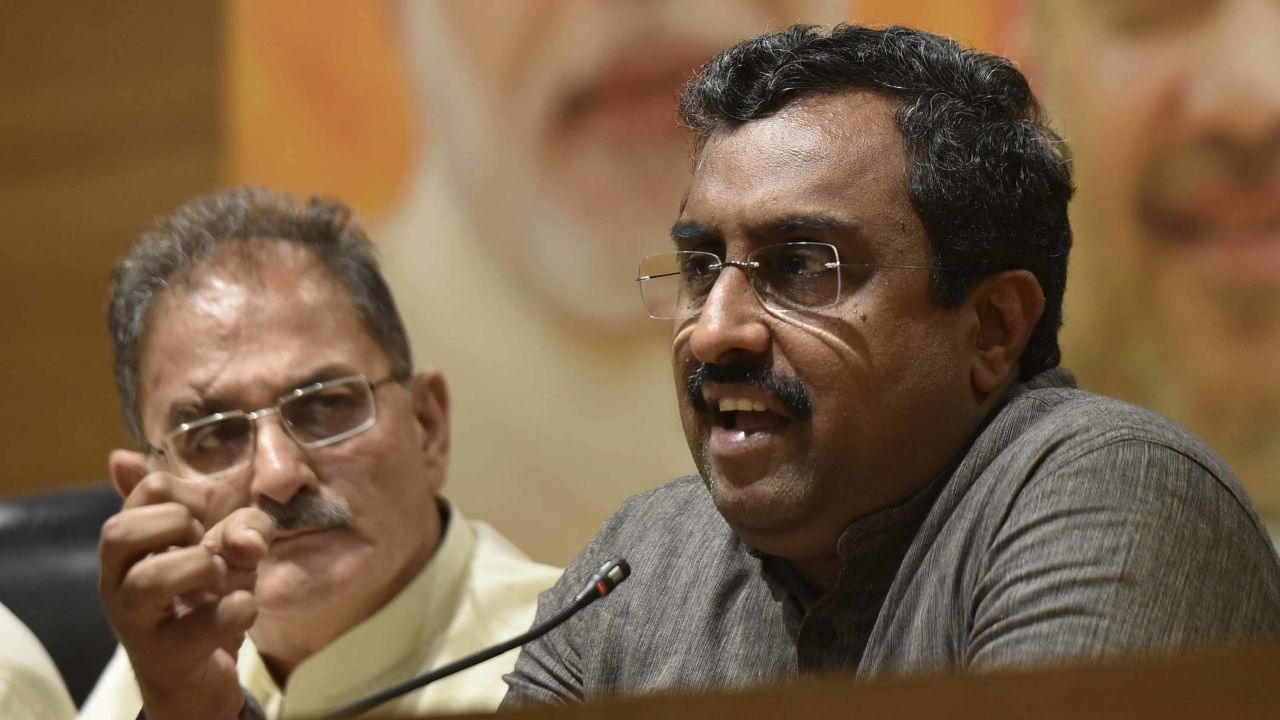 BJP Vice President Ram Madhav and Kavinder Gupta, J&K Deputy CM, discussing their departure from the alliance with the Peoples Democratic Party (PDP) in Jammu and Kashmir on June 19.