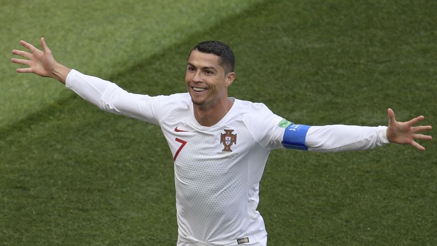 Portugal's forward Cristiano Ronaldo celebrates his opening goal for Portugal during the Russia 2018 World Cup Group B football match between Portugal and Morocco at the Luzhniki Stadium in Moscow on June 20, 2018. (Photo by Juan Mabromata / AFP) / RESTRICTED TO EDITORIAL USE - NO MOBILE PUSH ALERTS/DOWNLOADS        (Photo credit should read JUAN MABROMATA/AFP/Getty Images)