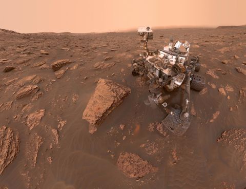 A self-portrait taken by NASA's Curiosity rover on June 15, 2018. A Martian dust storm has reduced sunlight and visibility around the planet, including at the rover's location in Gale Crater.