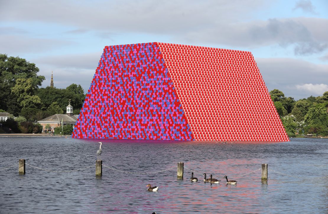 Artist Christo unveils his first UK outdoor work, a 20m high installation on Serpentine Lake, with accompanying exhibition at The Serpentine Gallery.