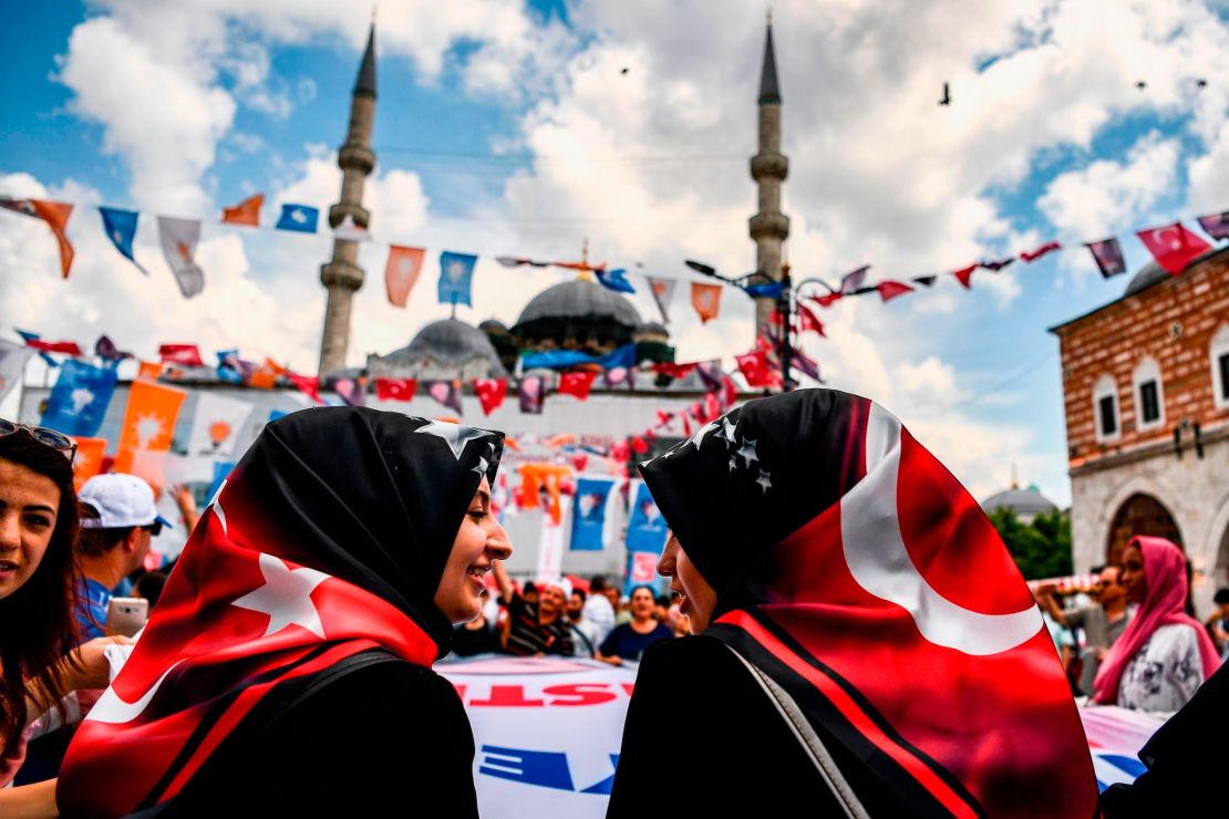 Women attending an Erdogan campaign event in Istanbul on June 19.