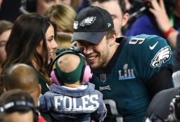 Nick and Tori Foles celebrate with baby Lily at the Super Bowl.