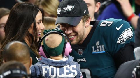 Nick and Tori Foles celebrate with baby Lily at the Super Bowl.