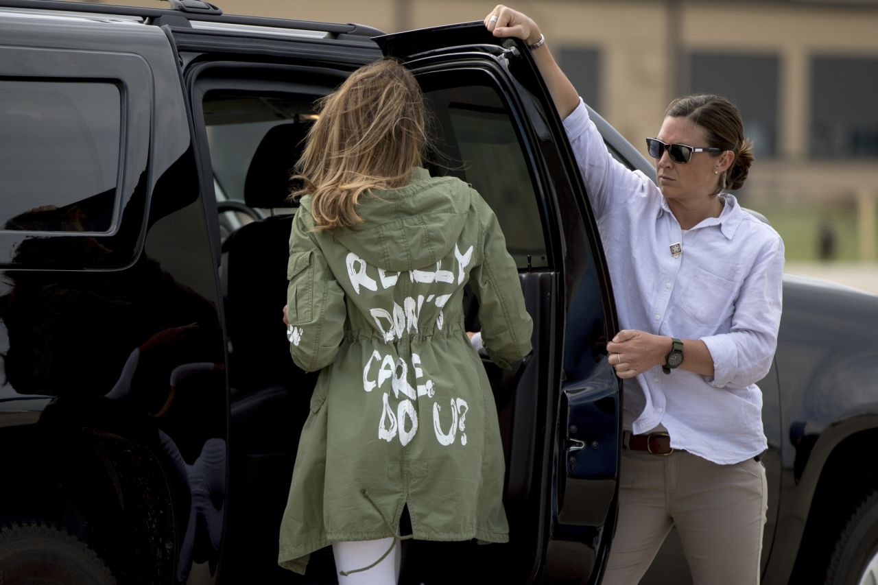 After arriving at Andrews Air Force Base in Maryland on Thursday, June 21, first lady Melania Trump <a href="https://www.cnn.com/2018/06/21/politics/melania-trump-jacket/index.html" target="_blank">wears a jacket</a> that says "I really don't care. Do u?" She had just returned from McAllen, Texas, where she toured a shelter for immigrant children. She didn't wear the jacket in Texas, but she wore it as she got on and got off the plane in Maryland. The first lady's team insisted that there was no hidden meaning behind the sartorial choice. Later, her husband tweeted that the jacket's message was a shot at the media. "Melania has learned how dishonest they are, and she truly no longer cares!" he tweeted.