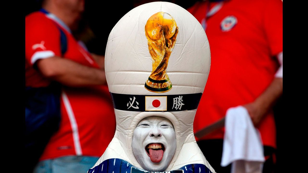 A costumed Japan fan sticks out his tongue before the country's World Cup soccer match against Colombia on Tuesday, June 19. <a href="https://www.cnn.com/2018/06/14/football/gallery/world-cup-2018/index.html" target="_blank">See the best photos of the 2018 World Cup</a>