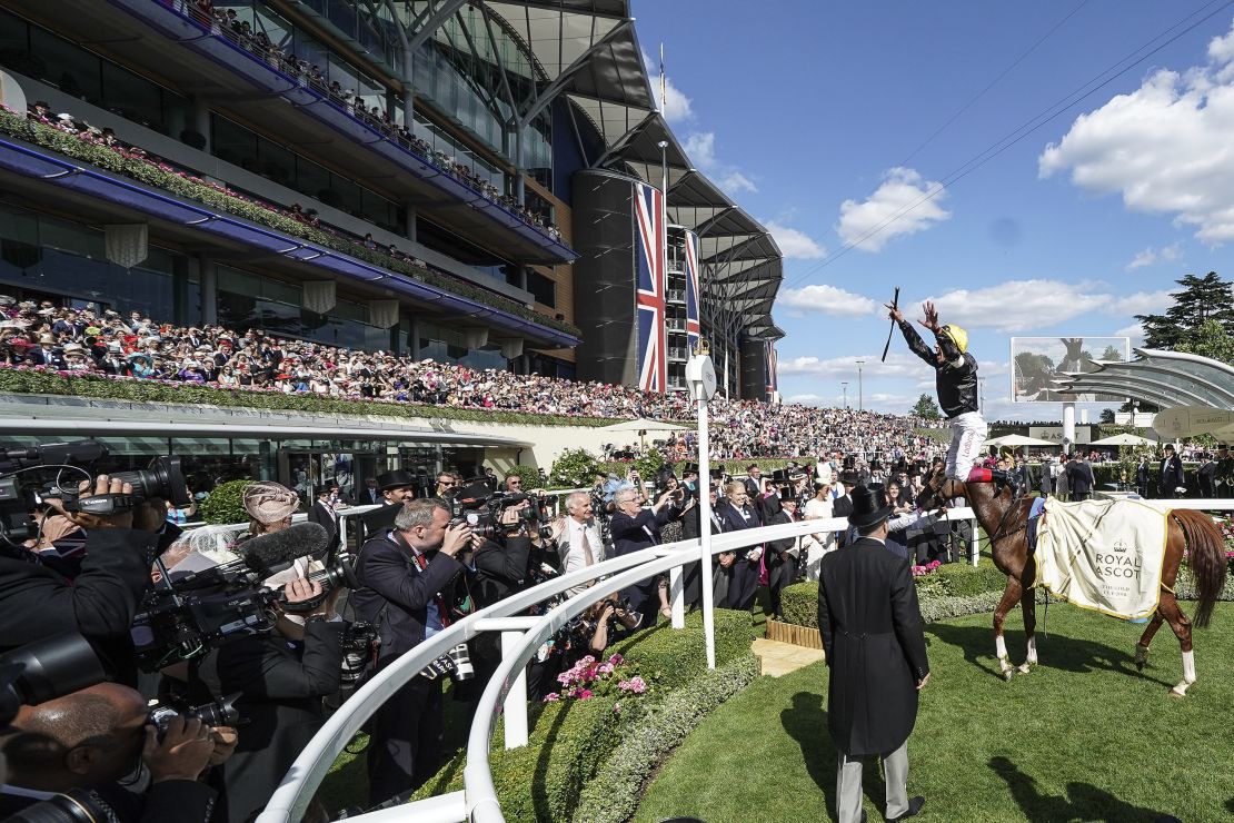 Frankie Dettori celebrates after riding Stradivarius to win the Ascot Gold Cup.