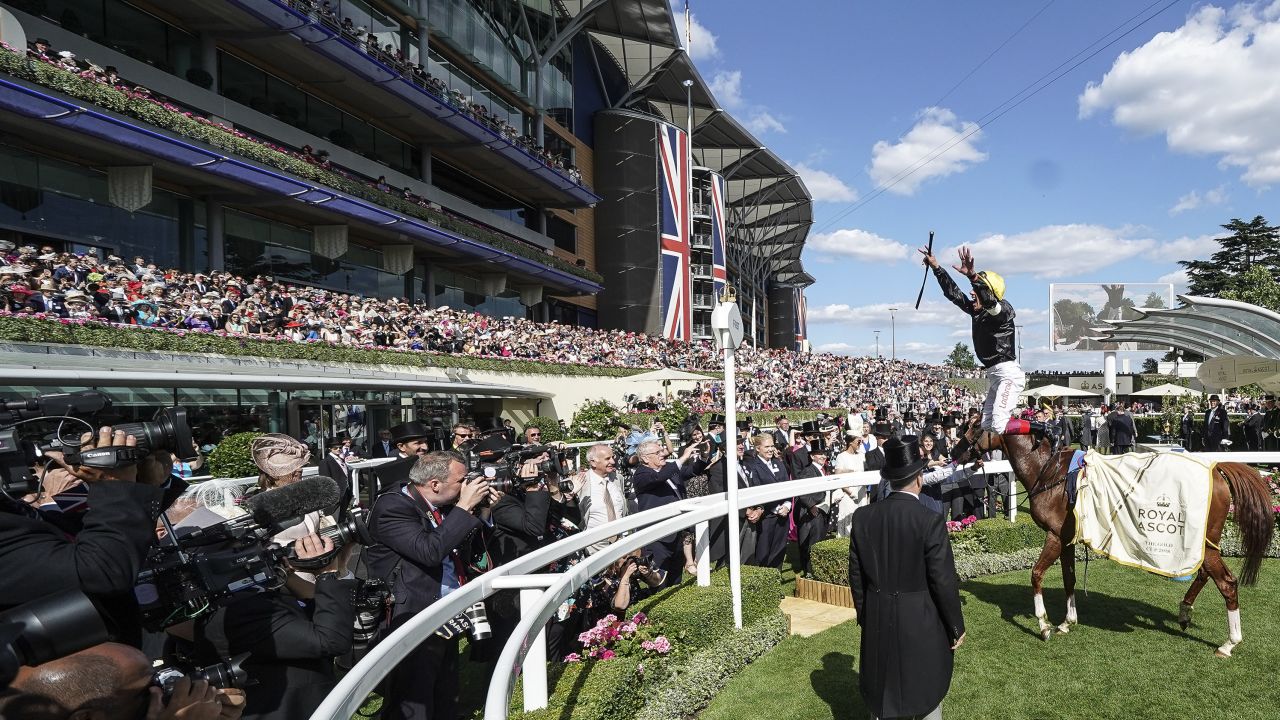 Frankie Dettori celebrates after riding Stradivarius to win the Ascot Gold Cup.