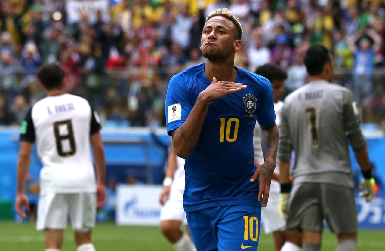 Neymar celebrates his last-second goal that finished off Brazil's 2-0 victory over Costa Rica on June 22.