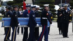 United Nations Command (UNC) honour guards carry a casket containing the remains of a UNC  soldier killed inside North Korea during the 1950-53 Korean War, during a joint repatriation ceremony at Knight Field at Yongsan garrison in Seoul on April 28, 2016. 
The repatriation ceremony was held for the remains of two United Nations Command soldiers and 15 South Korean soldiers who fought during the Korean War against the North Korean army backed by Chinese soldiers. The remains were recovered in several locations, including Kujang/Unsan and the east side of the Chosin Reservoir, areas where the US 2nd and 7th Infantry Divisions fought during the Korean war. 
 / AFP / POOL / JEON HEON-KYUN        (Photo credit should read JEON HEON-KYUN/AFP/Getty Images)
