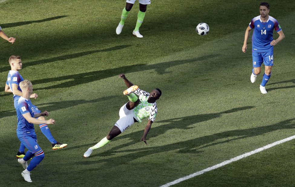 Nigerian midfielder Oghenekaro Etebo kicks the ball during a 2-0 victory over Iceland on June 22.