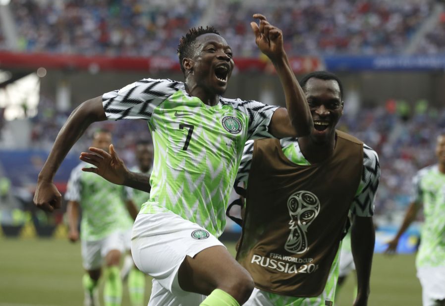 Ahmed Musa celebrates after scoring his second goal of the match against Iceland.