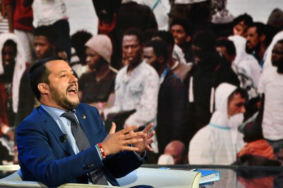 Italys Interior Minister and Deputy Prime Minister Matteo Salvini speaks on the TV set of Italian talk show "Porta a Porta" on Rai 1 on June 20.