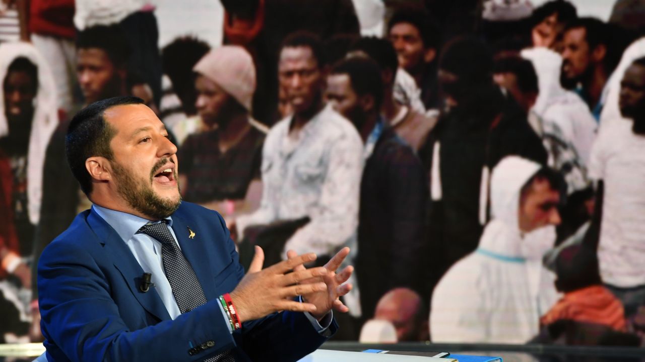 Italys Interior Minister and Deputy Prime Minister Matteo Salvini speaks on the TV set of Italian talk show "Porta a Porta" on Rai 1 on June 20.