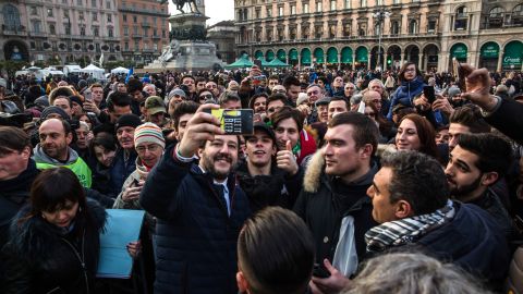 Matteo Salvini takes a selfie after an election campaign rally at Duomo Square in Milan, Italy, on February 24. 