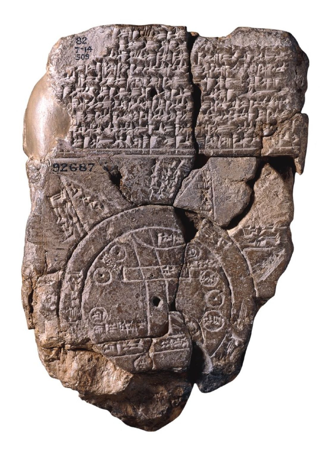 The "Babylonian Map of the World," a clay tablet created in Mesopotamia around 700 to 500 B.C., shows the known world ringed by a circular waterway labelled "Salt-Sea" and surrounded by eight triangular regions.