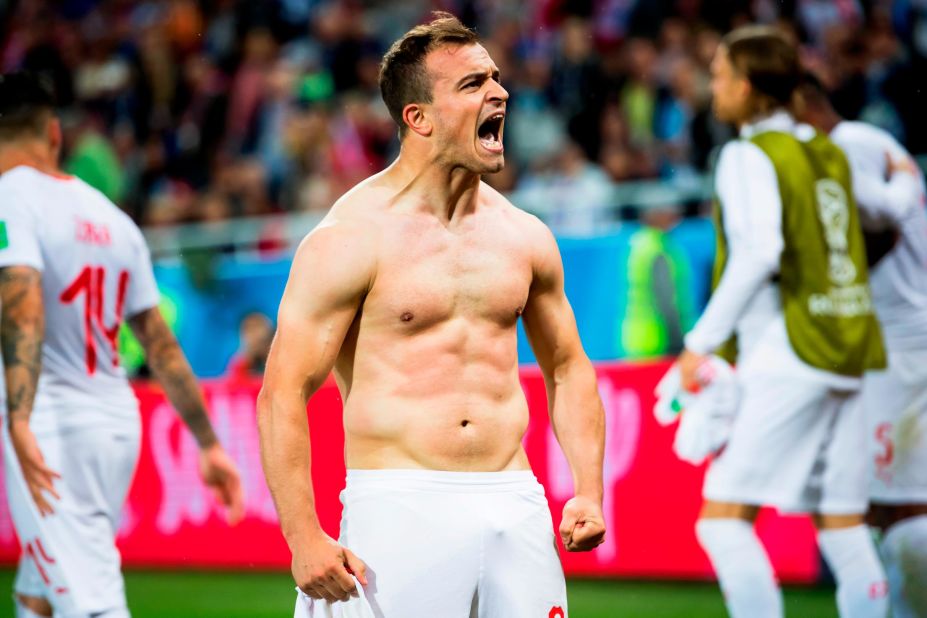 Swiss midfielder Xherdan Shaqiri celebrates after scoring the winning goal against Serbia on June 22. Switzerland won 2-1.