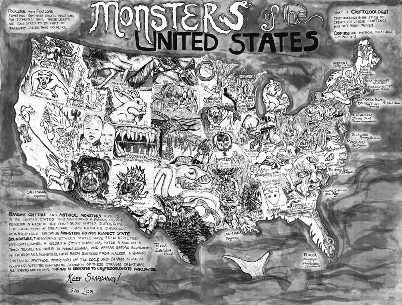 On this map of 'Monsters of the United States,' Nestel displayed each American state through its representative cryptid. Delaware is the only exception, being mysteriously monster free.