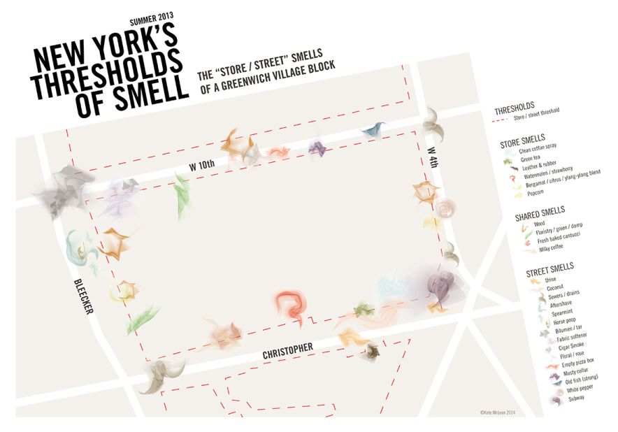 "New York's Thresholds of Smell" shows an exploration of the smells found in the doorways and windows of a Greenwich Village Block in the summer of 2013.