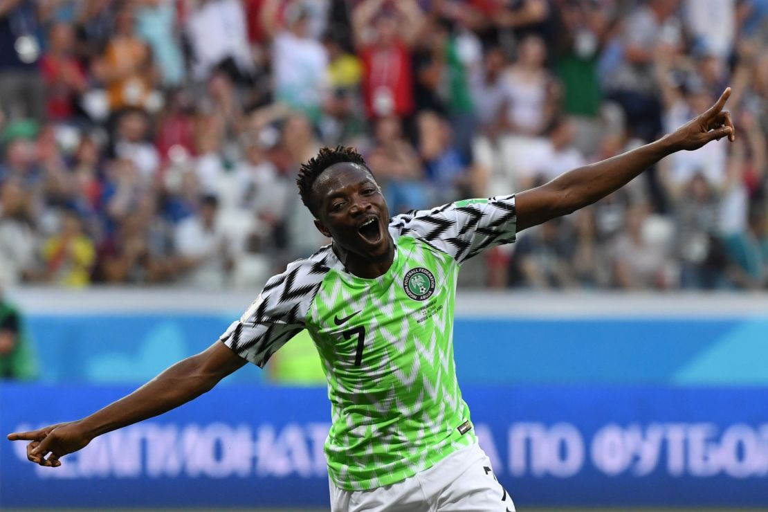 Ahmed Musa celebrates after scoring his second goal.