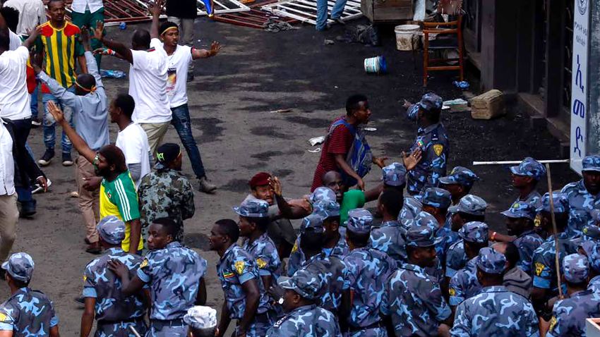 Ethiopian security forces intervene on Meskel Square in Addis Ababa on Saturday where a blast killed several people during a rally called by the Prime Minister Abiy Ahmed.