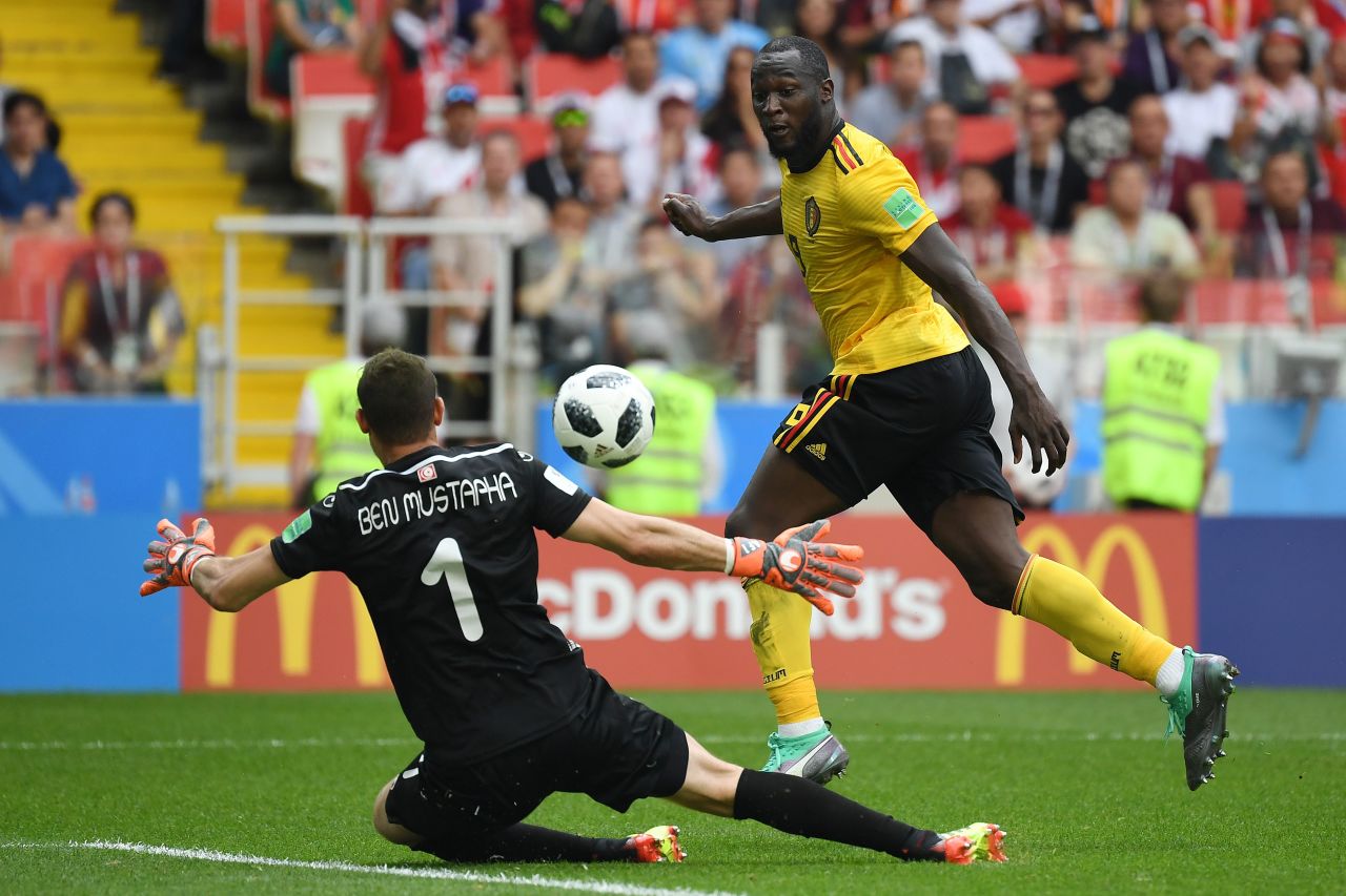Belgium's Romelu Lukaku scores against Tunisia on June 23. He had a pair of goals in the match, which Belgium won 5-2.