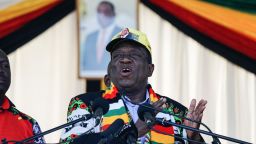 Zimbabwe President Emmerson Mnangagwa addresses a ruling ZANU-PF  party rally in Bulawayo on June 23, 2018, as he campaigns for votes ahead of nationwide elections due on July 30. - Zimbabwean President Emmerson Mnangagwa survived a blast at a ruling ZANU-PF party rally  his spokesman said, adding that he had been taken to safety after the incident. An AFP correspondent at the scene reported multiple injuries but could not immediately give a precise toll. (Photo by ZINYANGE AUNTONY / AFP)        (Photo credit should read ZINYANGE AUNTONY/AFP/Getty Images)