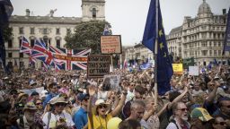 LONDON, ENGLAND - JUNE 23: Protestors stand on Parliament Square as they take part in the People's Vote demonstration against Brexit on June 23, 2018 in London, England. On the second anniversary of the 2016 Brexit referendum, the People's Vote Campaign organised a march to Parliament calling for a People's Vote on the final draft of the EU Withdrawal Bill. (Photo by Simon Dawson/Getty Images)