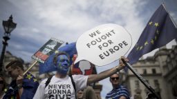 LONDON, ENGLAND - JUNE 23: Protestors take part in the People's Vote demonstration against Brexit on June 23, 2018 in London, England. On the second anniversary of the 2016 Brexit referendum, the People's Vote Campaign organised a march to Parliament calling for a People's Vote on the final draft of the EU Withdrawal Bill. (Photo by Simon Dawson/Getty Images)