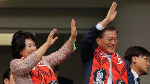 South Korean President Moon Jae-in watches from the stands as his side fall to defeat