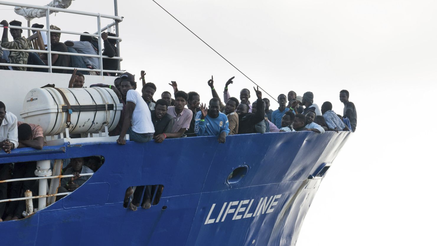 Migrants stranded aboard the Lifeline rescue ship on Thursday.