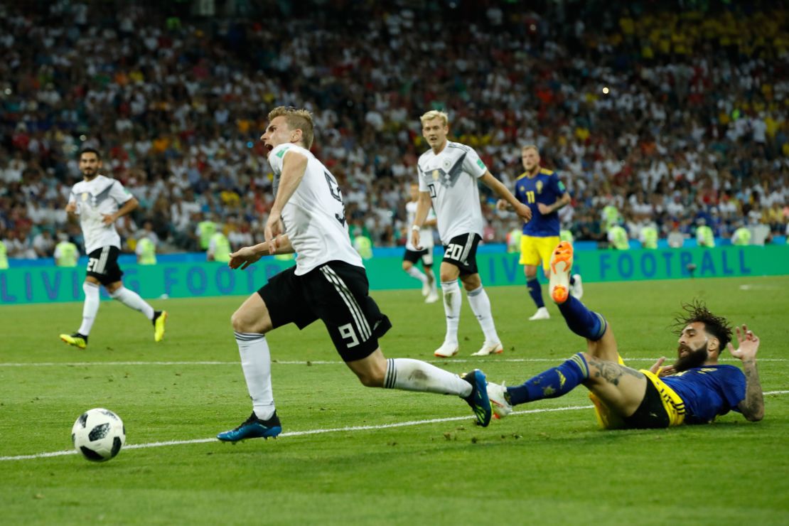 Sweden midfielder Jimmy Durmaz brings down Germany's Timo Werner, leading to the free kick that sent the Swedes to defeat.