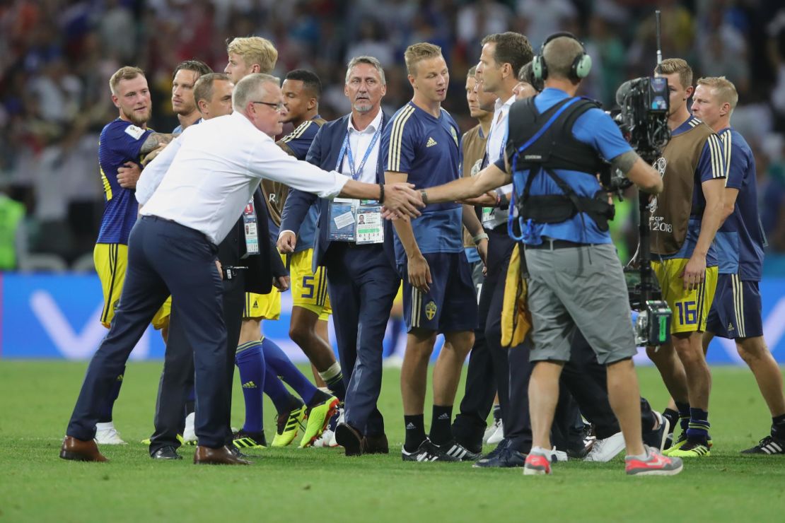 Sweden head coach Janne Andersson shakes hands with Germany's Joachim Löw..