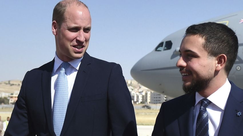 Duke of Cambridge Middle East tour Day 1. The Duke of Cambridge, with the Crown Prince of Jordan (right), after arriving at Marka Airport, Amman, Jordan at the start of his Middle East tour. Picture date: Sunday June 24, 2018. William's five-day tour of the region is his most high-profile foreign trip and the first official visit to Israel and the Occupied Palestinian Territories by a member of the monarchy on behalf of the Government. See PA story ROYAL William. Photo credit should read: Joe Giddens/PA Wire URN:37180744 (Press Association via AP Images)