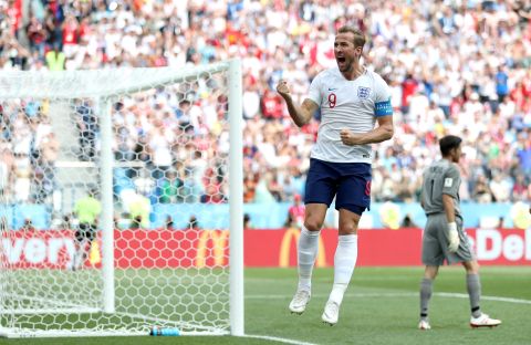 English striker Harry Kane celebrates after scoring a penalty in the 6-1 rout of Panama on June 24. Kane finished with a hat trick.