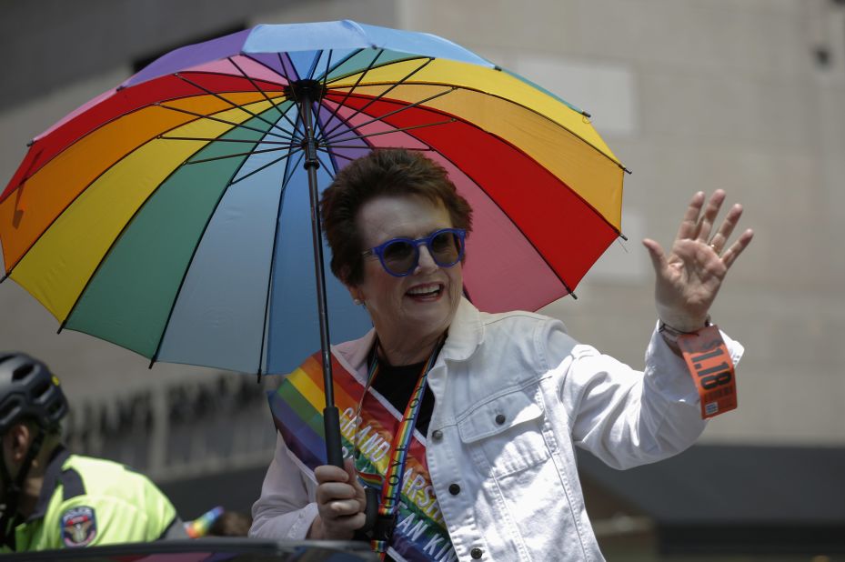 Tennis great Billie Jean King serves as grand marshal of the march in New York on Sunday.