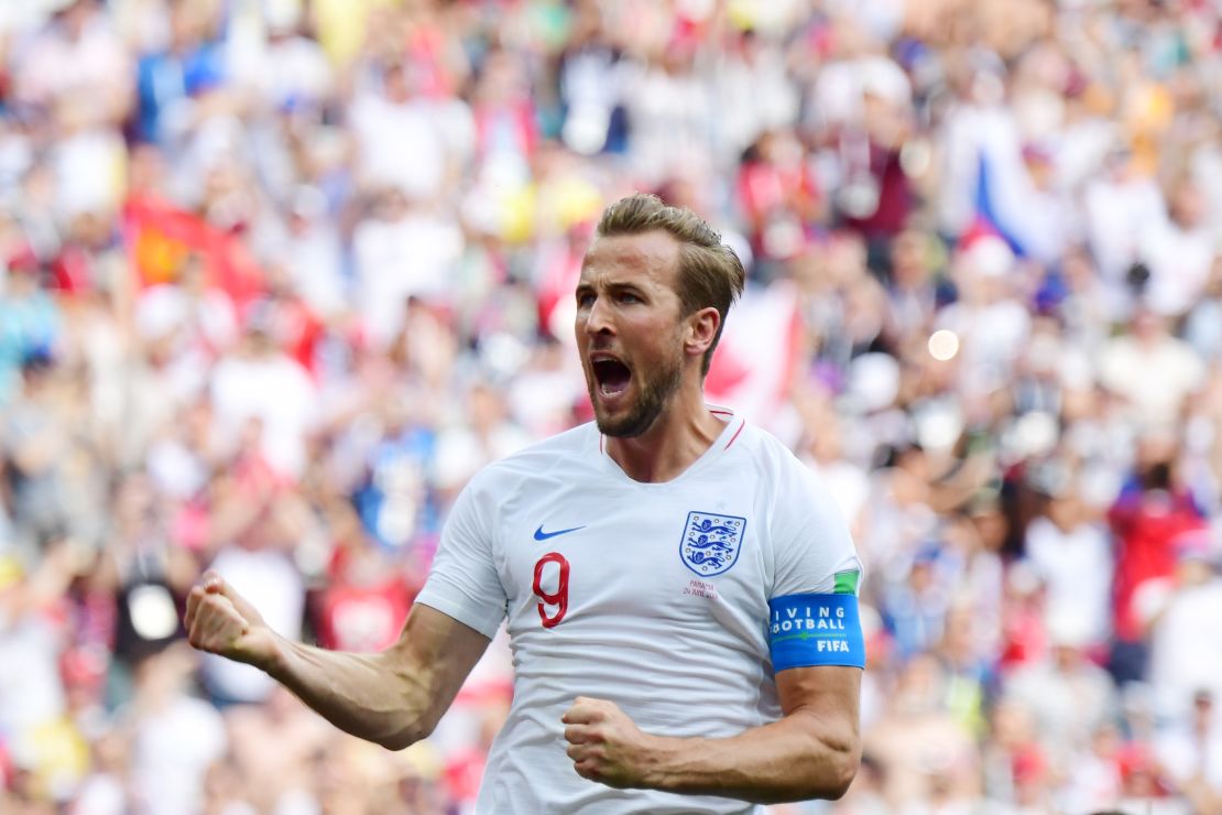 England's forward Harry Kane celebrates after scoring a penalty during the Russia 2018 World Cup Group G football match between England and Panama.