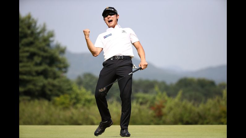 Choi Min-chul of South Korea reacts after making his winning putt on the 18th hole during the final round of the Kolon Korea Open Golf Championship on Sunday, June 24, in South Korea.