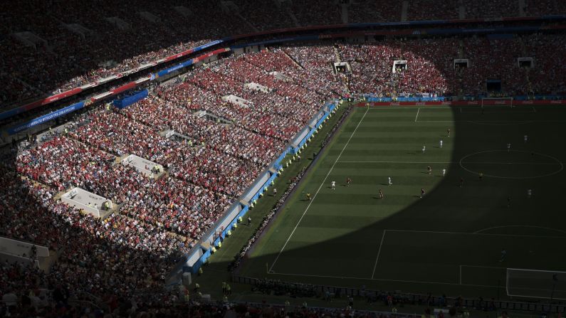 The sun casts a shadow on the field during the match between Portugal and Morocco on Wednesday, June 20. <a target="_blank">See 20 amazing sports photos from last week. </a>