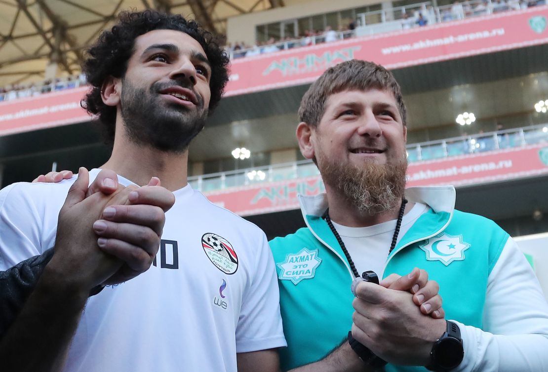 Salah (L) is pictured with head of the Chechen Republic Ramzan Kadyrov during a training at the Akhmat Arena stadium in Grozny on June 10, 2018.