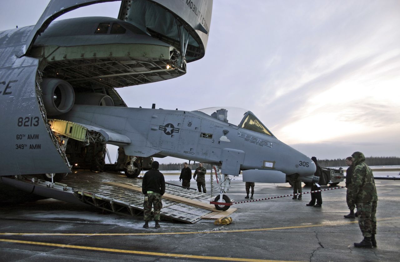 The C-5 can haul an Air Force A-10 Thunderbolt II attack jet with its wings removed, like this one being loaded at Eielson Air Force Base in Alaska for transport to Georgia. 