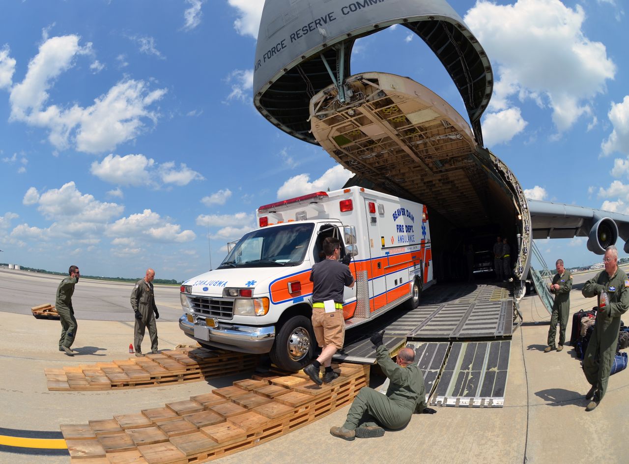 This ambulance -- also bound for Nicaragua -- was loaded on to a C-5 at Joint Base Charleston, South Carolina.