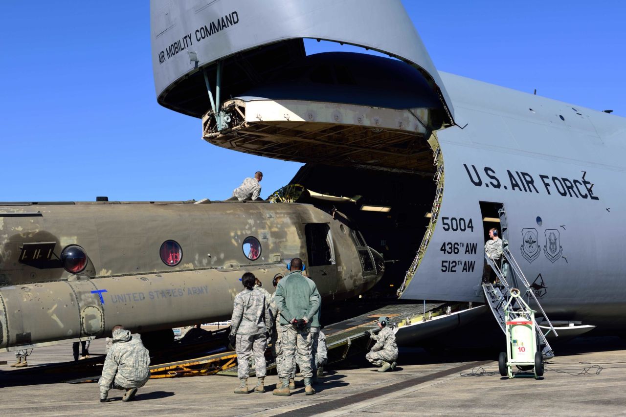 A huge CH-47 Chinook helicopter was loaded onto a C-5M Super Galaxy last January at the Gulfport Combat Readiness Training Center in Mississippi.