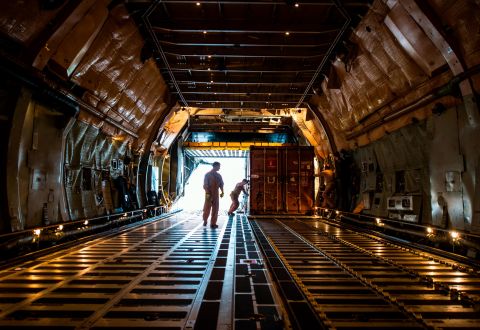 The cargo hold of the C-5 is 19 feet wide and 143 feel long -- longer than the first flight of the Wright brothers in 1903. 