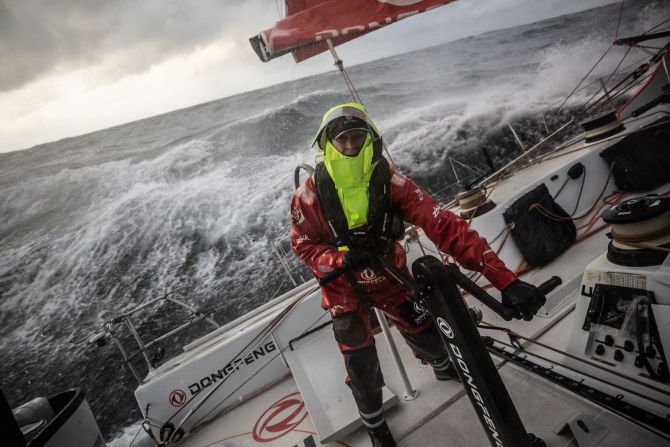 The Volvo Ocean Race is a grueling 45,000-mile race around the world through some of the fiercest seas on the planet. Carolijn Brouwer (pictured) braves the elements on board DongFeng Race Team.