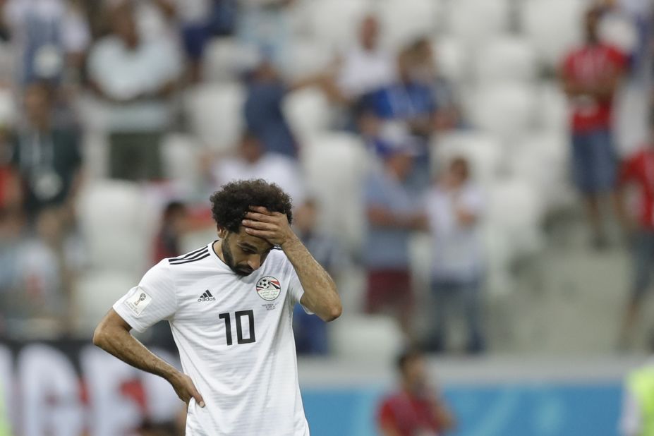Egyptian star Mohamed Salah reacts after Saudi Arabia's winning goal in second-half stoppage time on June 25. Egypt lost all three of its matches at this World Cup.