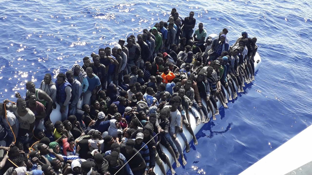 Migrants rescued by the Libyan Coast Guard on Sunday.